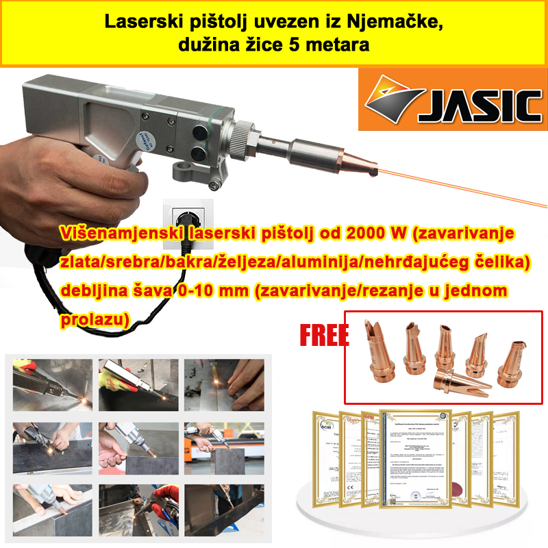 Višenamjenski laserski pištolj od 2000 W (zavarivanje zlata/srebra/bakra/željeza/aluminija/nehrđajućeg čelika) debljina šava 0-10 mm (zavarivanje/rezanje u jednom prolazu)