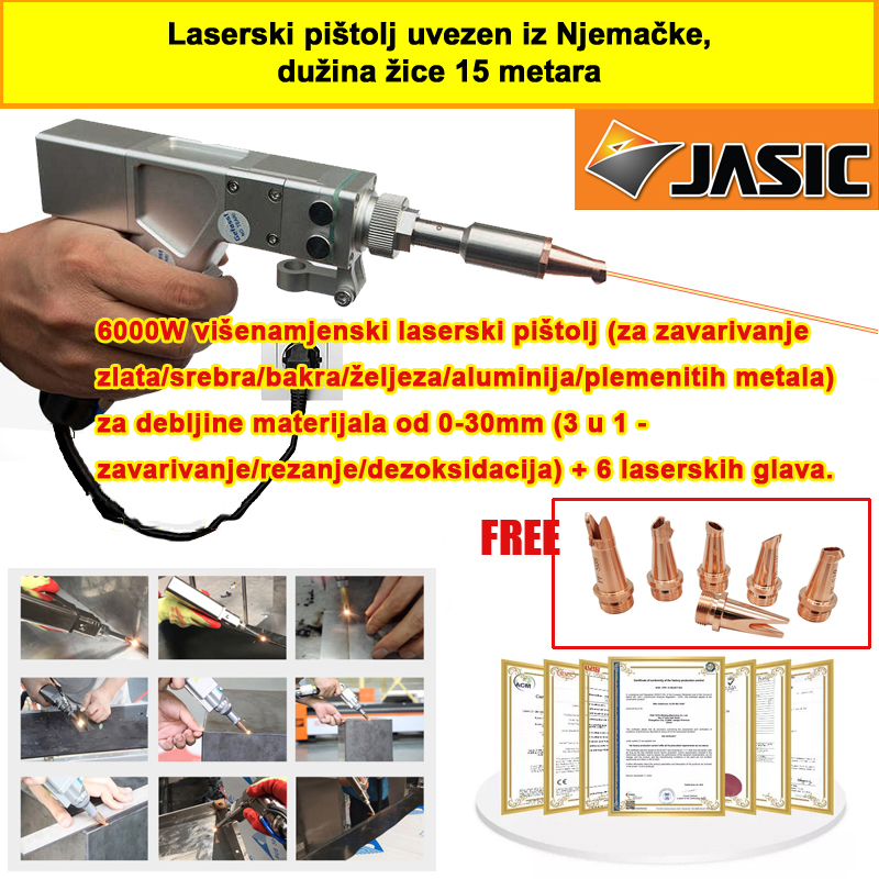 6000W višenamjenski laserski pištolj (za zavarivanje zlata/srebra/bakra/željeza/aluminija/plemenitih metala) za debljine materijala od 0-30mm (3 u 1 - zavarivanje/rezanje/dezoksidacija) + 6 laserskih glava.