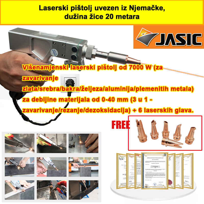 Višenamjenski laserski pištolj od 7000 W (za zavarivanje zlata/srebra/bakra/željeza/aluminija/plemenitih metala) za debljine materijala od 0-40 mm (3 u 1 - zavarivanje/rezanje/dezoksidacija) + 6 laserskih glava.